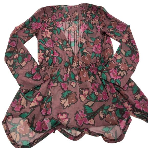 Free People Tunic Womens Small Purple Pink Floral Flume Smocked Wrap Sheer Boho - Picture 4 of 10